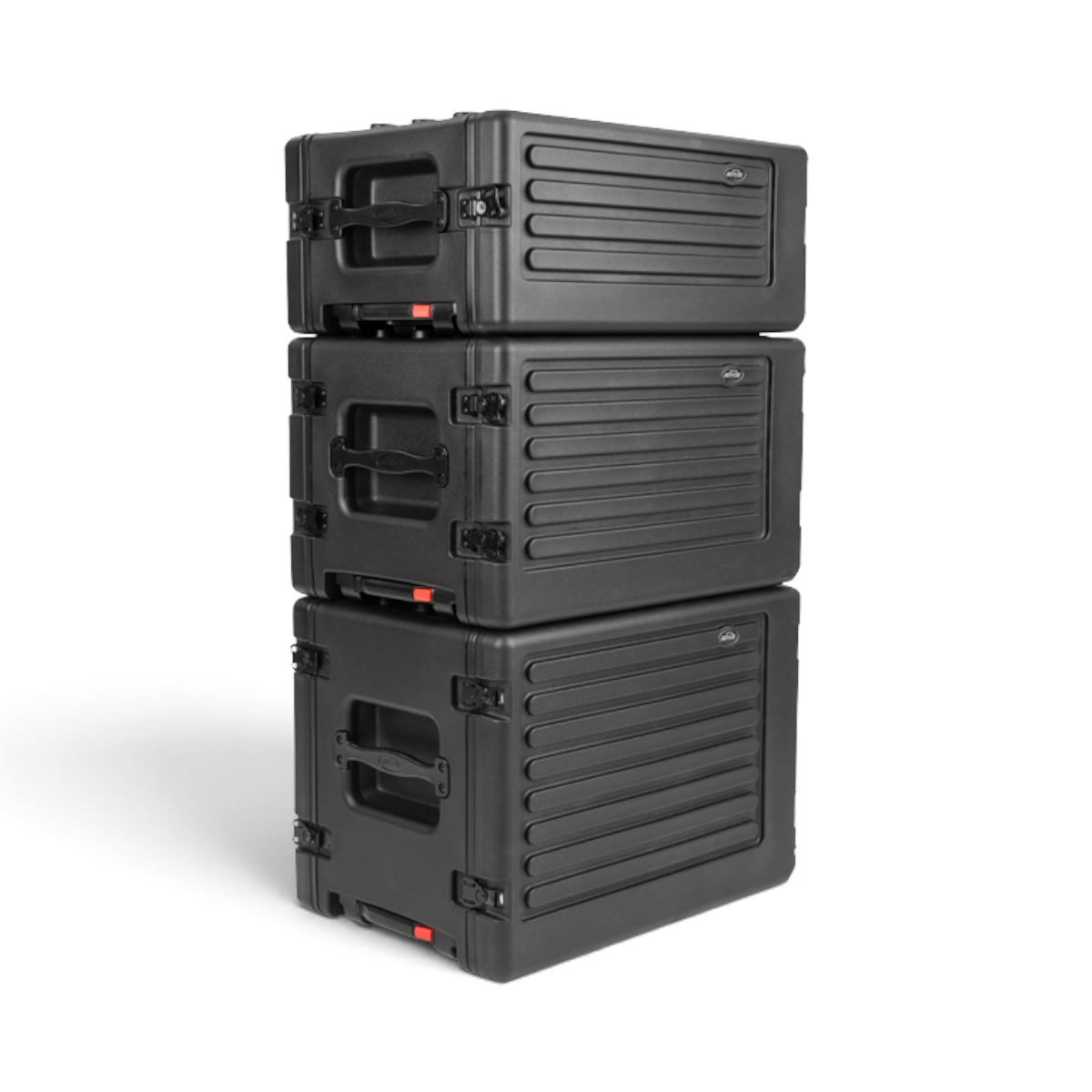 Three black SKB Cases 8U rSeries shallow rolling racks stacked vertically on a white background.