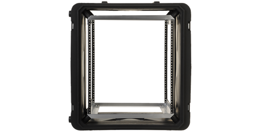 Front view of the RSeries 20-Inch Shock Rack showing internal shock-resistant frame for secure IT and pro-audio gear mounting.