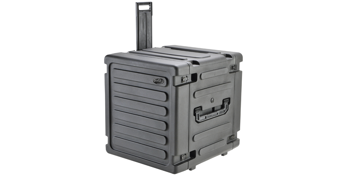 20-Inch Rolling Shock Rack with extended handle and side latches, ideal for mobile and secure equipment transport.