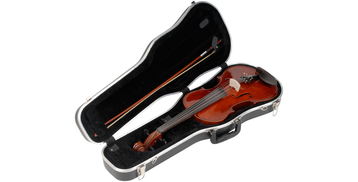 Viola Deluxe Case open showing 15 or 16 viola and two bow slots in plush-lined interior. Secure fit and D-ring strap for added protection.