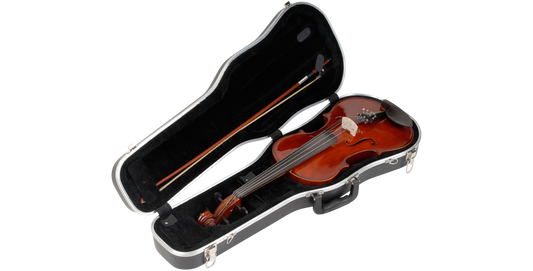 Viola Deluxe Case open showing 15 or 16 viola and two bow slots in plush-lined interior. Secure fit and D-ring strap for added protection.