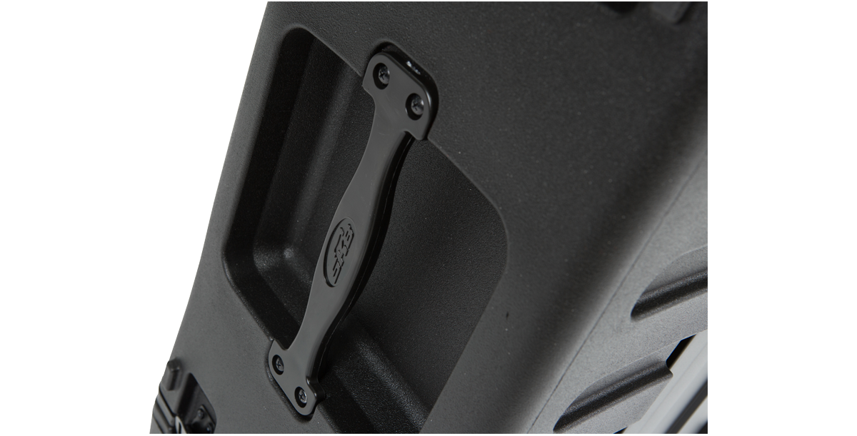 Close-up of side handle on SKB 4U rSeries Roto Rolling Rack, showcasing ergonomic grip and molded construction.