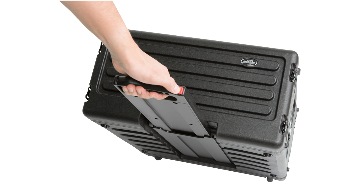 Person pulling SKB 4U rSeries Roto Rolling Rack using extended handle, demonstrating portable design with wheels and stackable form.