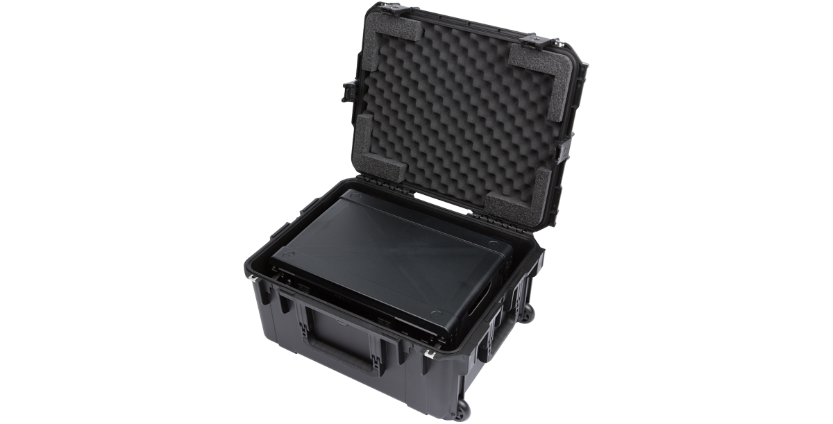 Open iSeries case with 3U Fly Rack inside, featuring foam-lined interior for safe and lightweight transport of audio accessories.