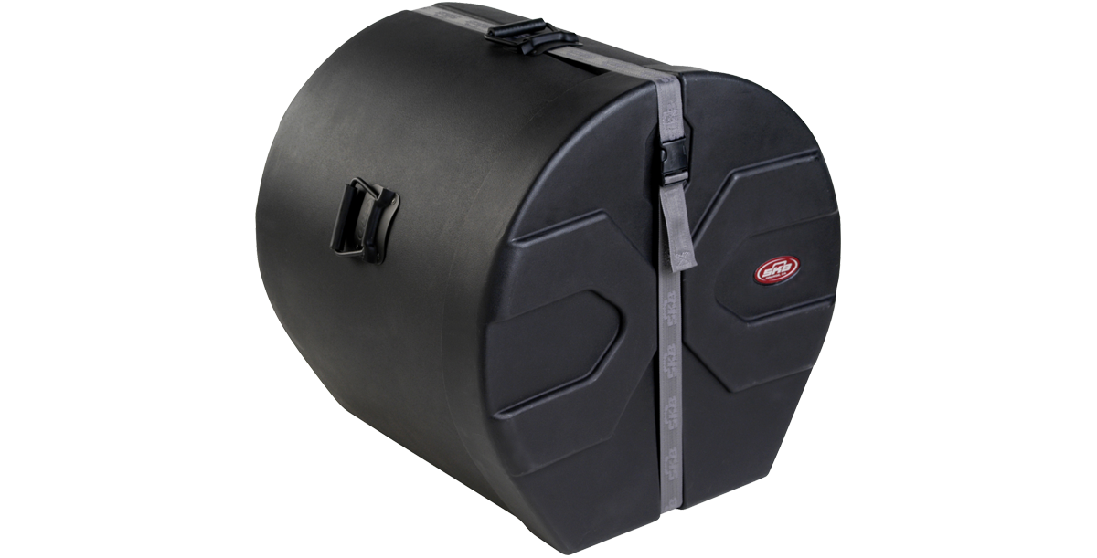 Side angle of 18 x 20 bass drum case featuring reinforced edges, molded exterior, and sure grip handles for durability.