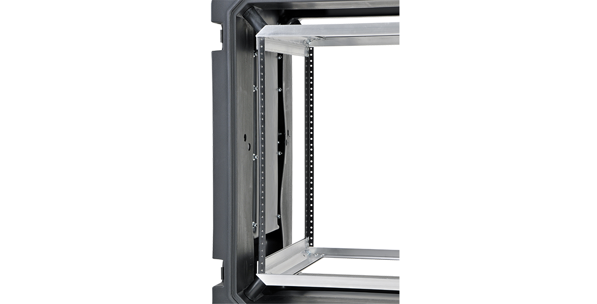Close-up of interior rails and shock-absorbing system in 20-Inch Rolling Shock Rack for stable and protected equipment mounting.