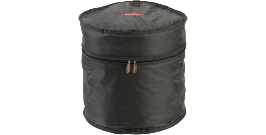 16x16 drum gig bag with durable ballistic nylon exterior, vertical view showing full cylindrical shape and top zipper for easy access.