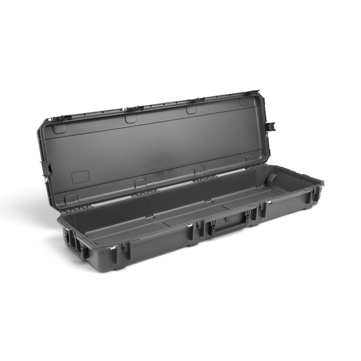 SKB Cases iSeries 5014-6 Overland waterproof storage case in charcoal grey with an open lid and durable latch system.