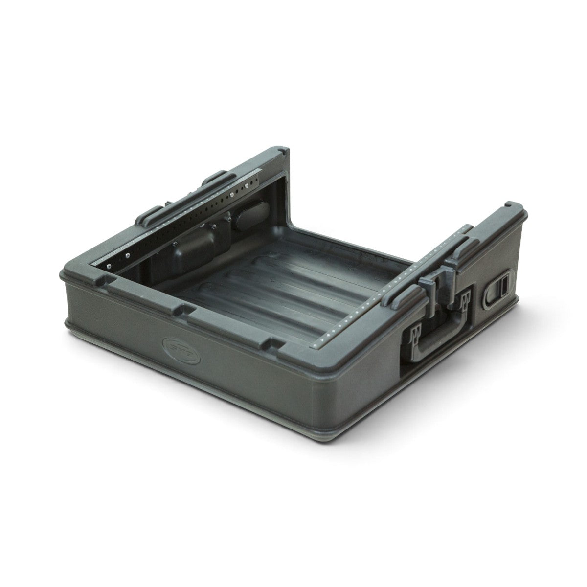Angled side view of open 10U Mixer Rack Case with reinforced edges and molded handles for easy handling and setup.
