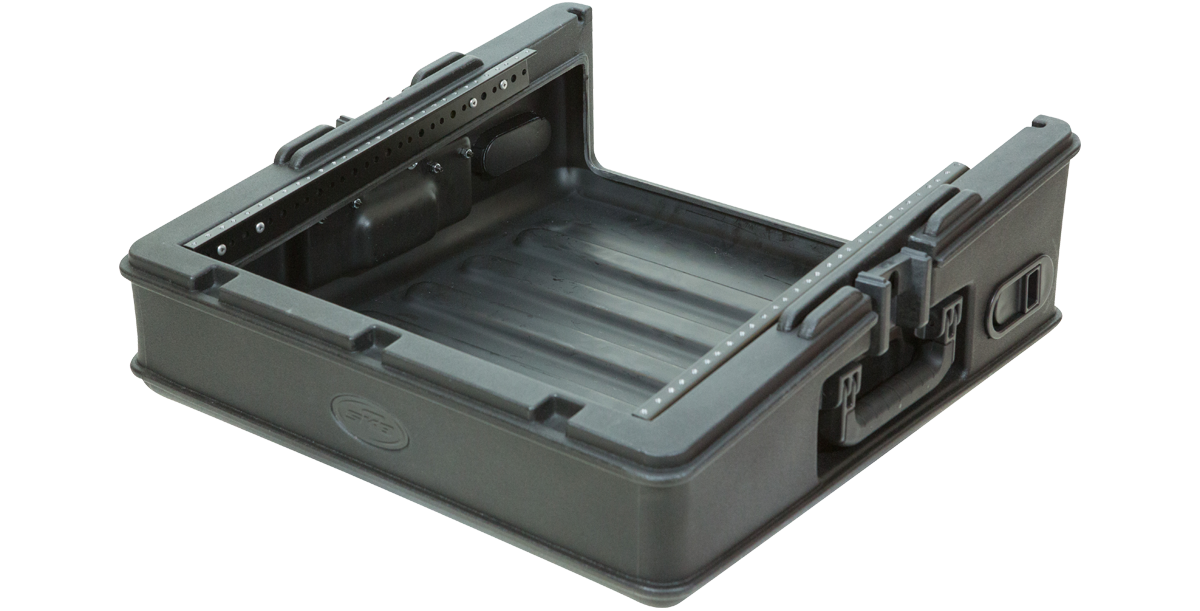 Angled side view of open 10U Mixer Rack Case with reinforced edges and molded handles for easy handling and setup.