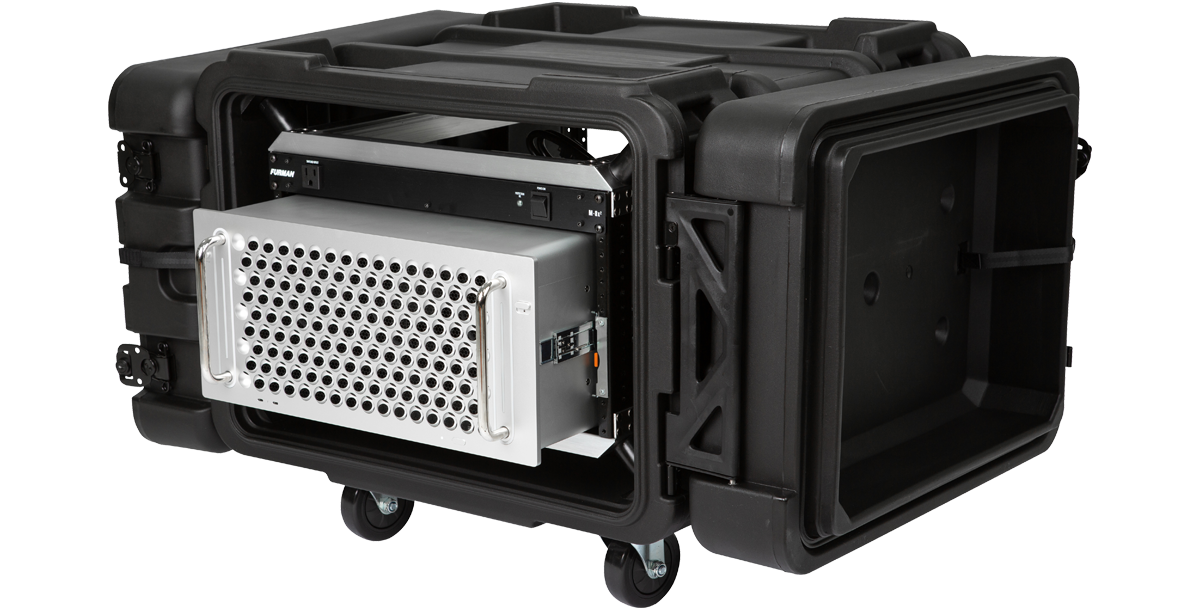 Side angle of 6U Shock Rack - 24-inch rSeries with partially extended Mac Pro, built for shock resistance and portability.