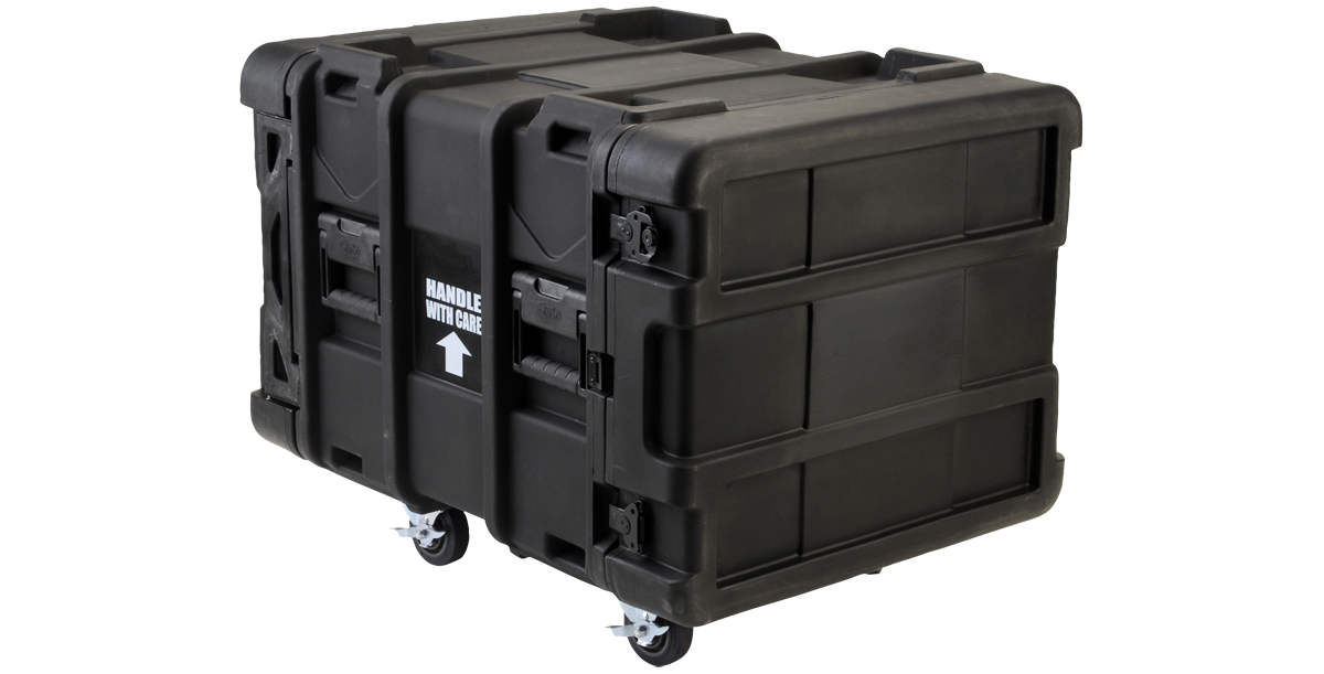 Rear view of closed 8U 24-inch Shock Rack Case on wheels, featuring rugged roto-molded exterior and labeled for careful handling.