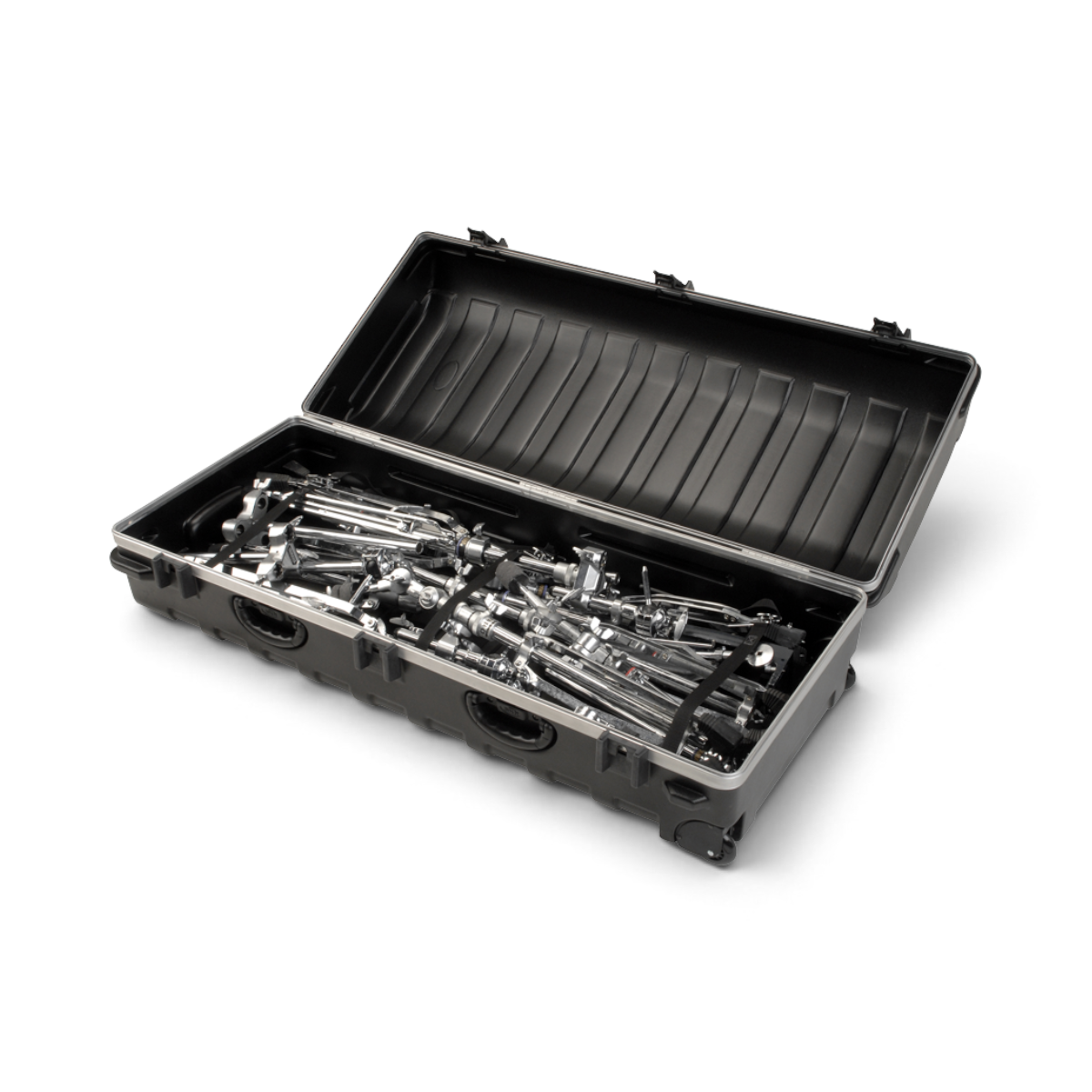 SKB Cases vSeries 5020 hard-shell transport case filled with chrome drum hardware and mic stands