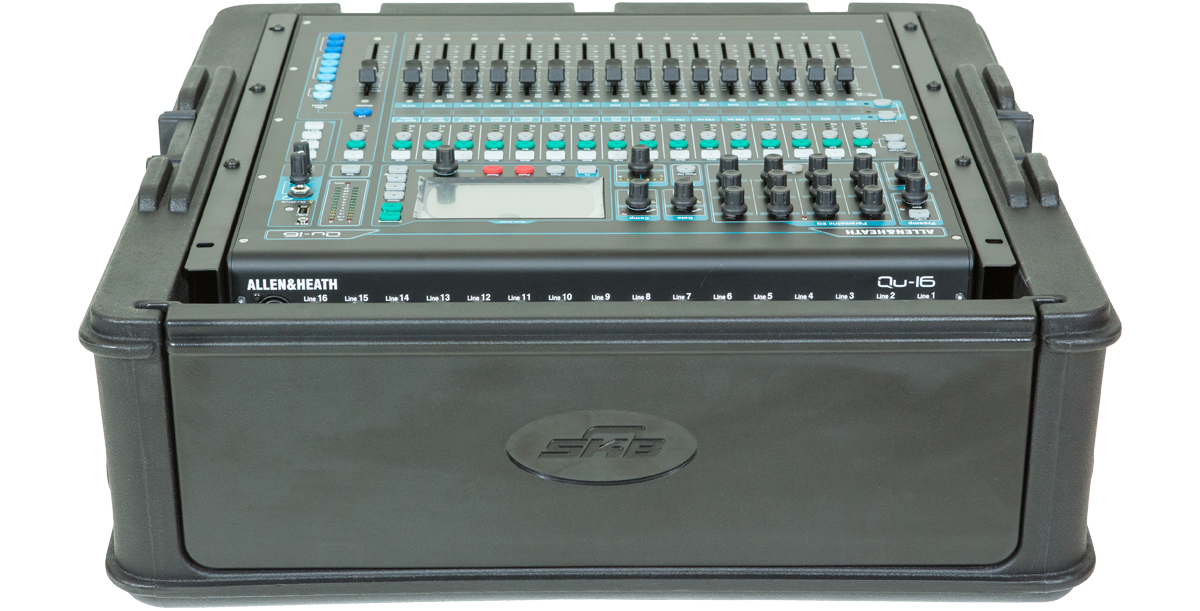 10U Mixer Rack Case featuring front panel access to Allen & Heath Qu-16 mixer, built with steel threaded rails and TSA-approved locks.