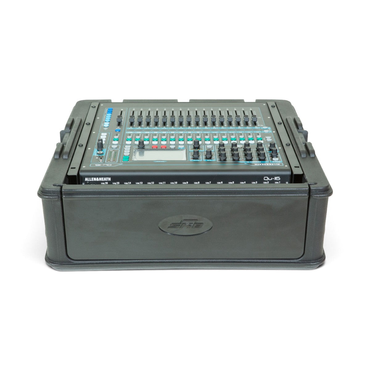 10U Mixer Rack Case featuring front panel access to Allen & Heath Qu-16 mixer, built with steel threaded rails and TSA-approved locks.