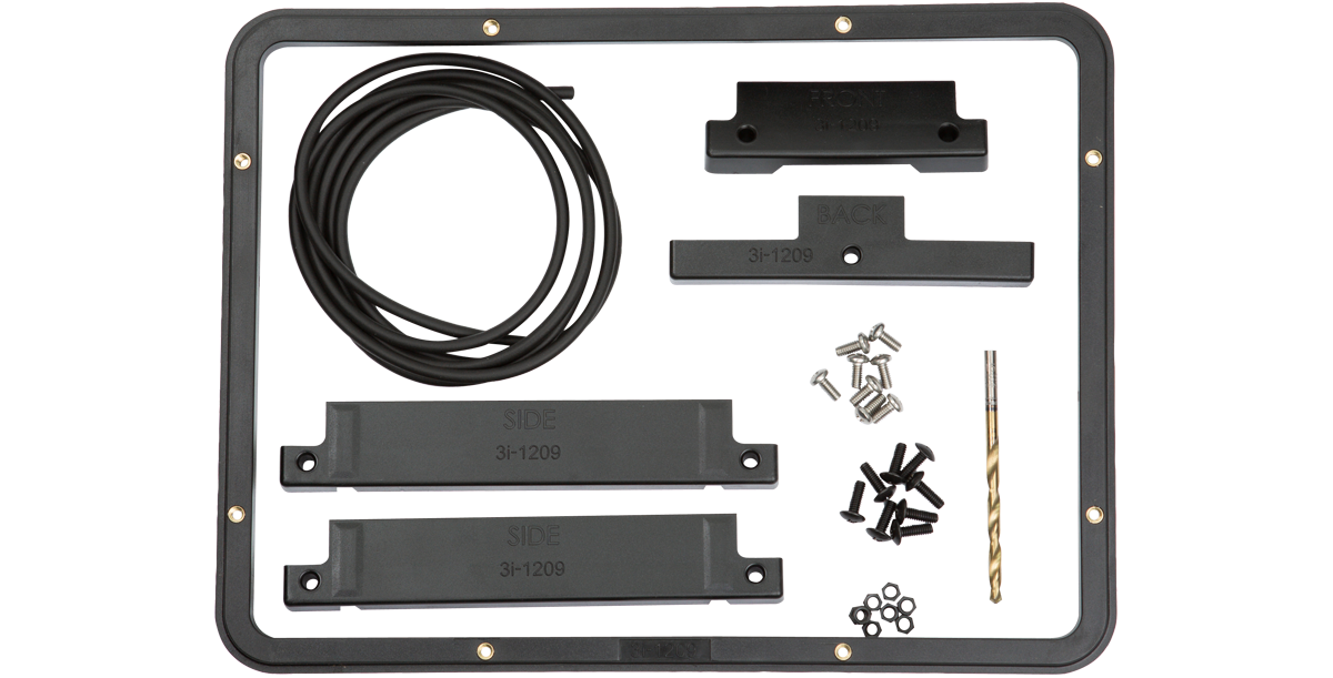 iSeries 1209 Mounting Ring - Panel Kit includes ring, gasket, drill bit, screws, and side brackets for attaching interface panels to single-lid cases.