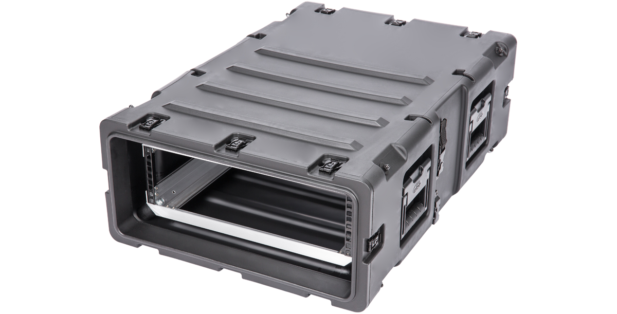 Angled view of 30 Inch Shockproof Rack Case - 3U RS Series highlighting reinforced corners and lightweight, shock-absorbing design.