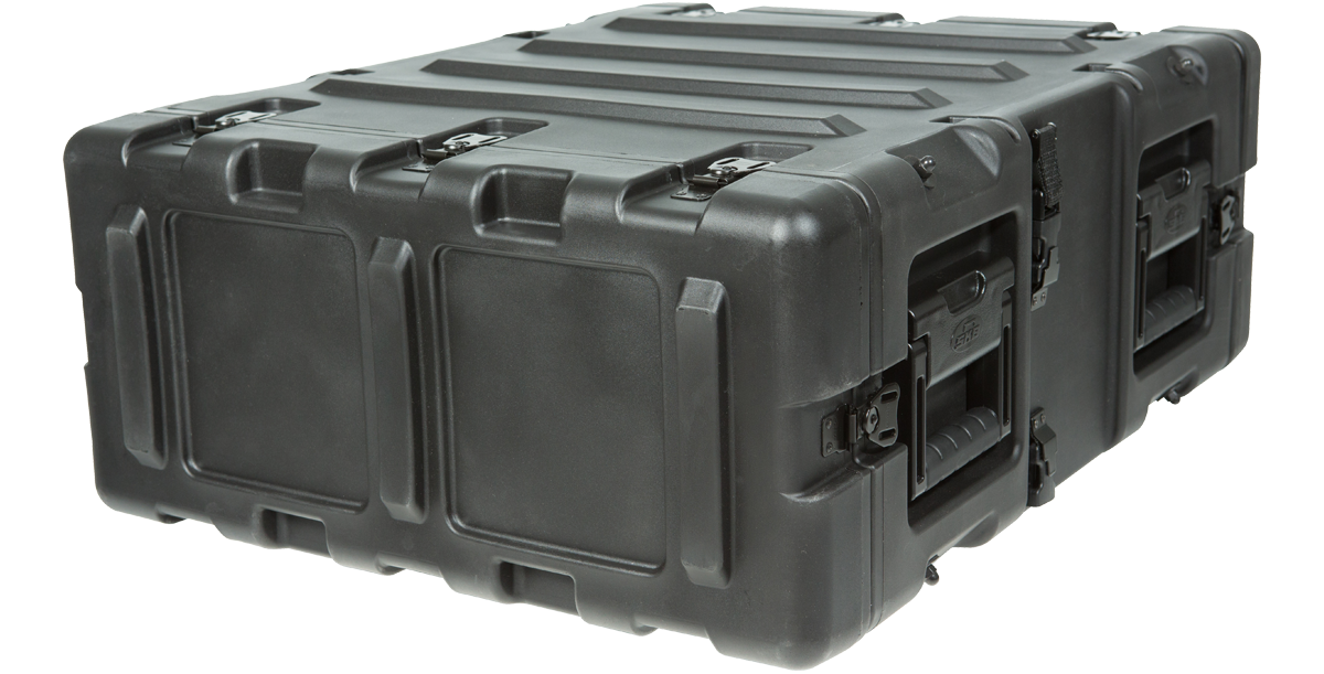 Side angle of 20 Inch Shock Rack - 3U RR Series showing molded handles and secure latches for easy transport and durability.