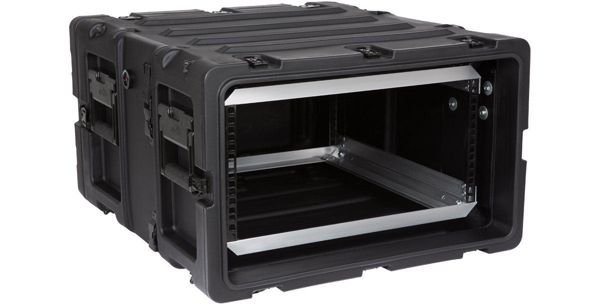 Angled front-right view of 5U 20-inch SKB Shock Rack highlighting rugged RS Series construction and MIL-STD 810H compliance.