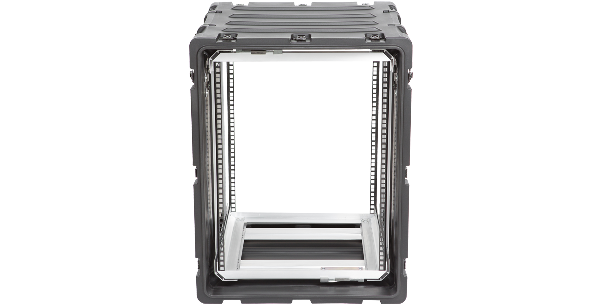 Straight-on front view of 14U Shock Rack Case - 20-inch Shock Rack showing internal mounting rails and deep protective shell for pro audio gear.