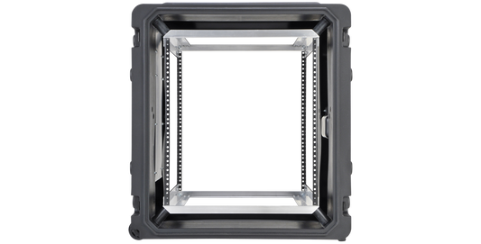 Interior view of 20-Inch Rolling Shock Rack showing elastomeric shock mounts and aluminum frame for secure equipment protection.