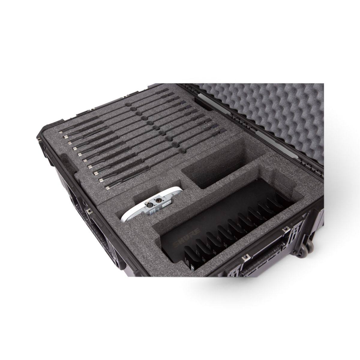 SKB Cases iSeries wireless microphone system case with custom PE foam interior for Shure Microflex equipment.