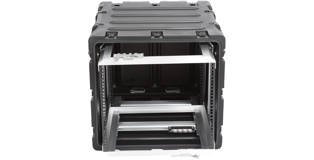 20-inch shock rack case with open front view showing internal aluminum frame for mounting sensitive electronic gear securely.