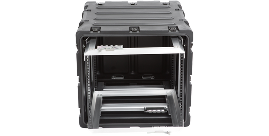 20-inch shock rack case with open front view showing internal aluminum frame for mounting sensitive electronic gear securely.