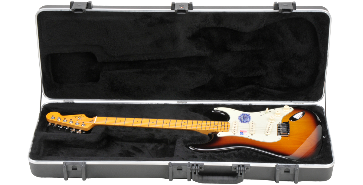 SKB Pro Guitar Case with TSA Locks securely holds a Fender Strat-style electric guitar in a plush-lined interior for safe transport.