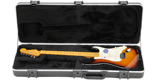 SKB Pro Guitar Case with TSA Locks securely holds a Fender Strat-style electric guitar in a plush-lined interior for safe transport.