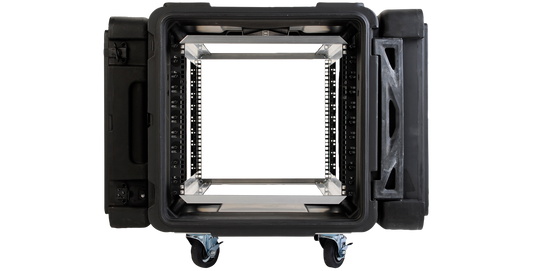 Front view of 28 Inch Shock Rack with ARCS System - 10U, showing adjustable rail system for server mounting in rugged black case.