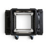 Front view of 28 Inch Shock Rack with ARCS System - 10U, showing adjustable rail system for server mounting in rugged black case.