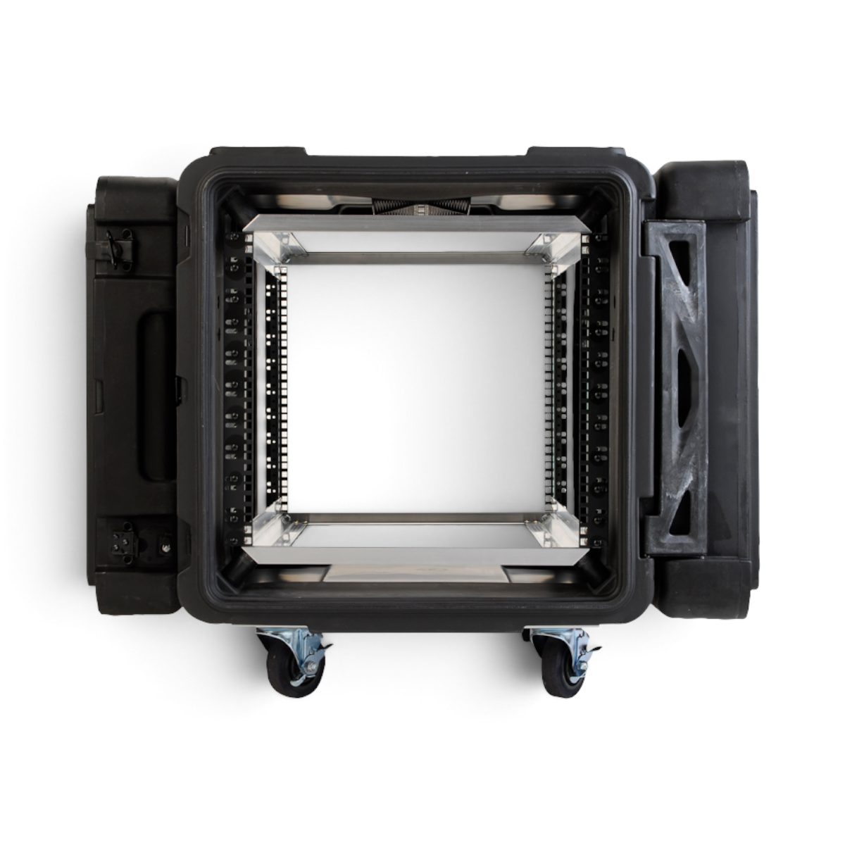 Front view of 28 Inch Shock Rack with ARCS System - 10U, showing adjustable rail system for server mounting in rugged black case.