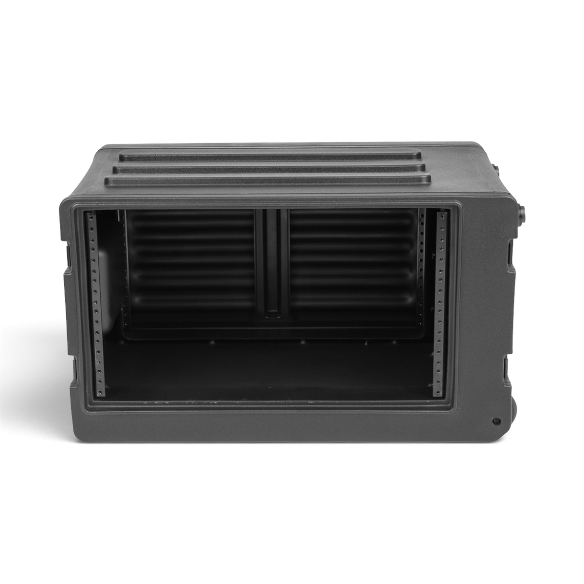 SKB Cases 6U rSeries shallow rolling rack in black roto-molded polyethylene with front and rear steel threaded rails.