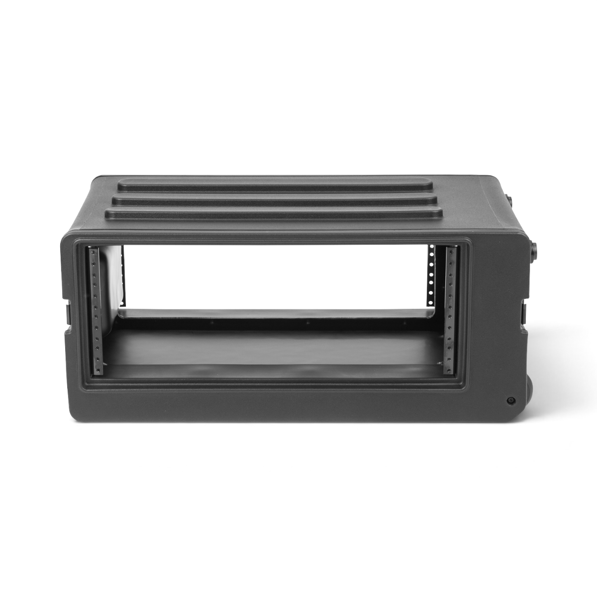 SKB Cases 4U rSeries shallow rolling rack made of durable black polyethylene with front and rear steel threaded rails.