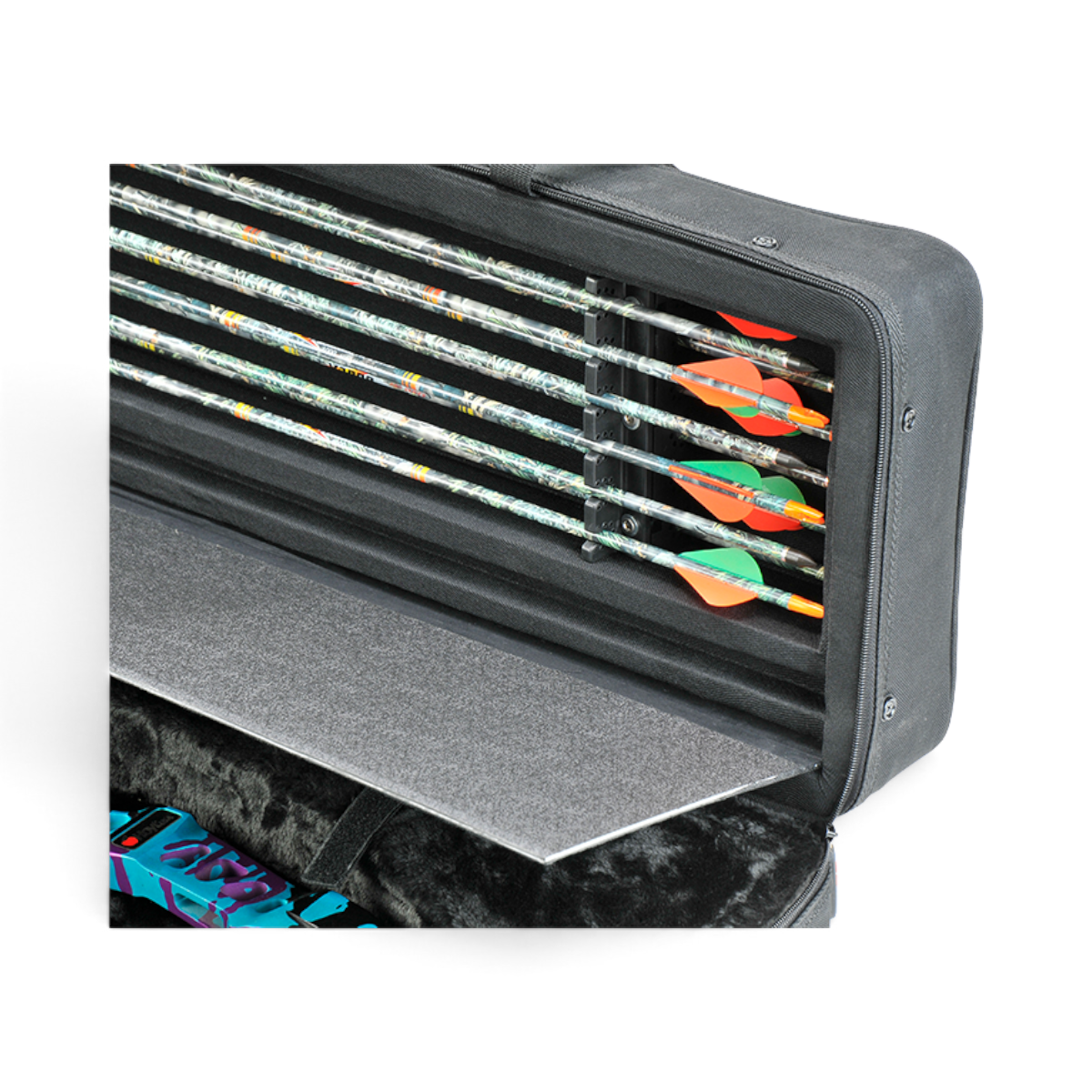 SKB Cases Hybrid 3410 recurve bow case interior showing arrow storage compartment with arrows and protective foam