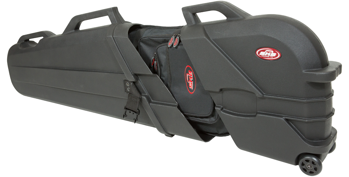 ATA Bass Case with wheels and open compartment showing internal accessory bag, ideal for mobile musicians.
