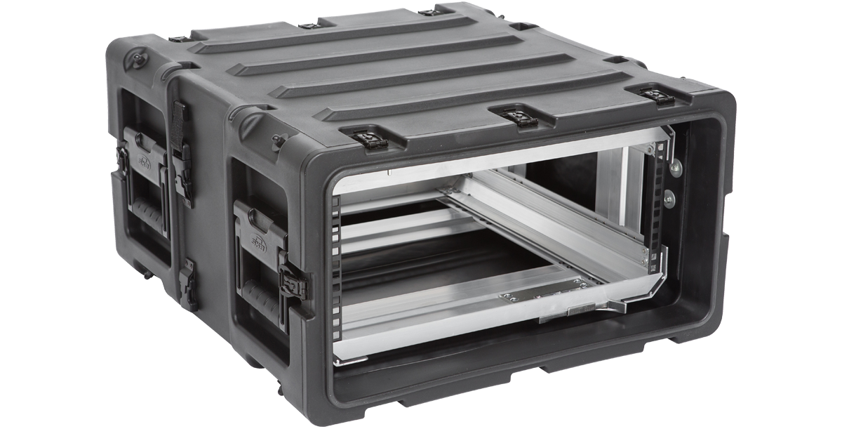 Side angle of 4U Shockproof Rack Case - 20-Inch with visible reinforced corners and internal frame for secure electronics housing.