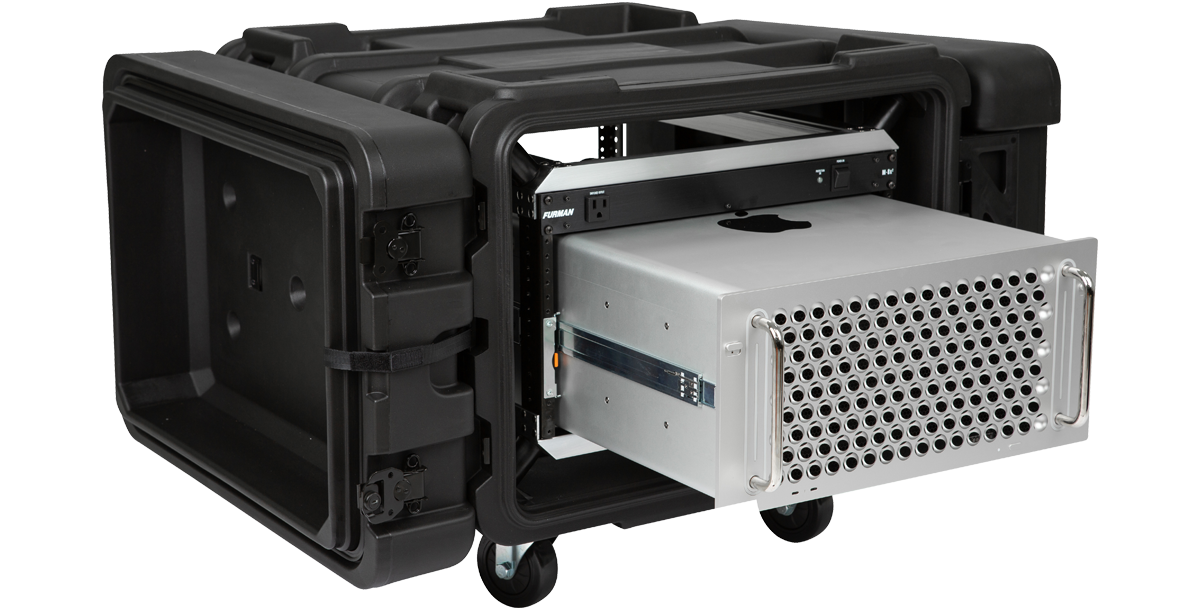 Mac Pro extended from rear of 6U Shock Rack - 24-inch rSeries, highlighting rugged construction and shock protection.