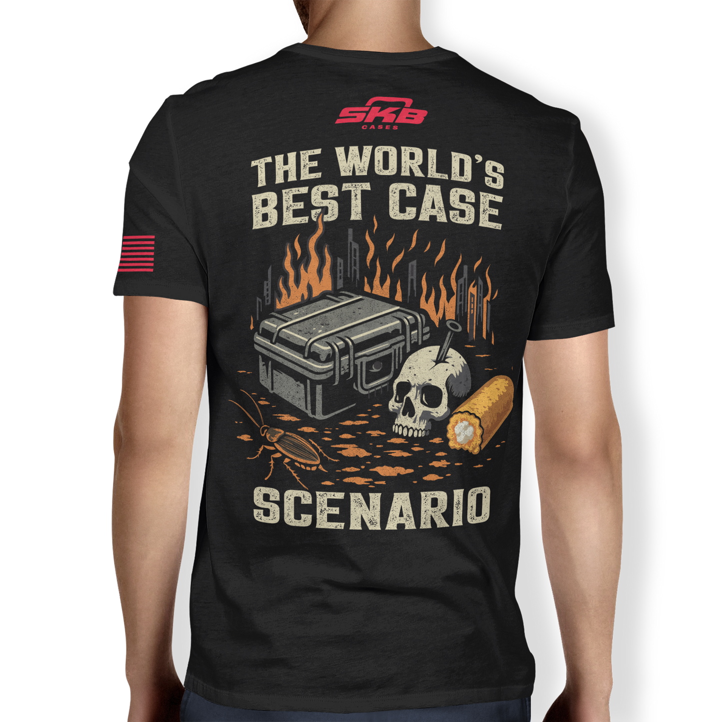 Back view of SKB resilience t-shirt featuring bold graphic with case, skull, and text 'The World's Best Case Scenario' on durable cotton polyester fabric.