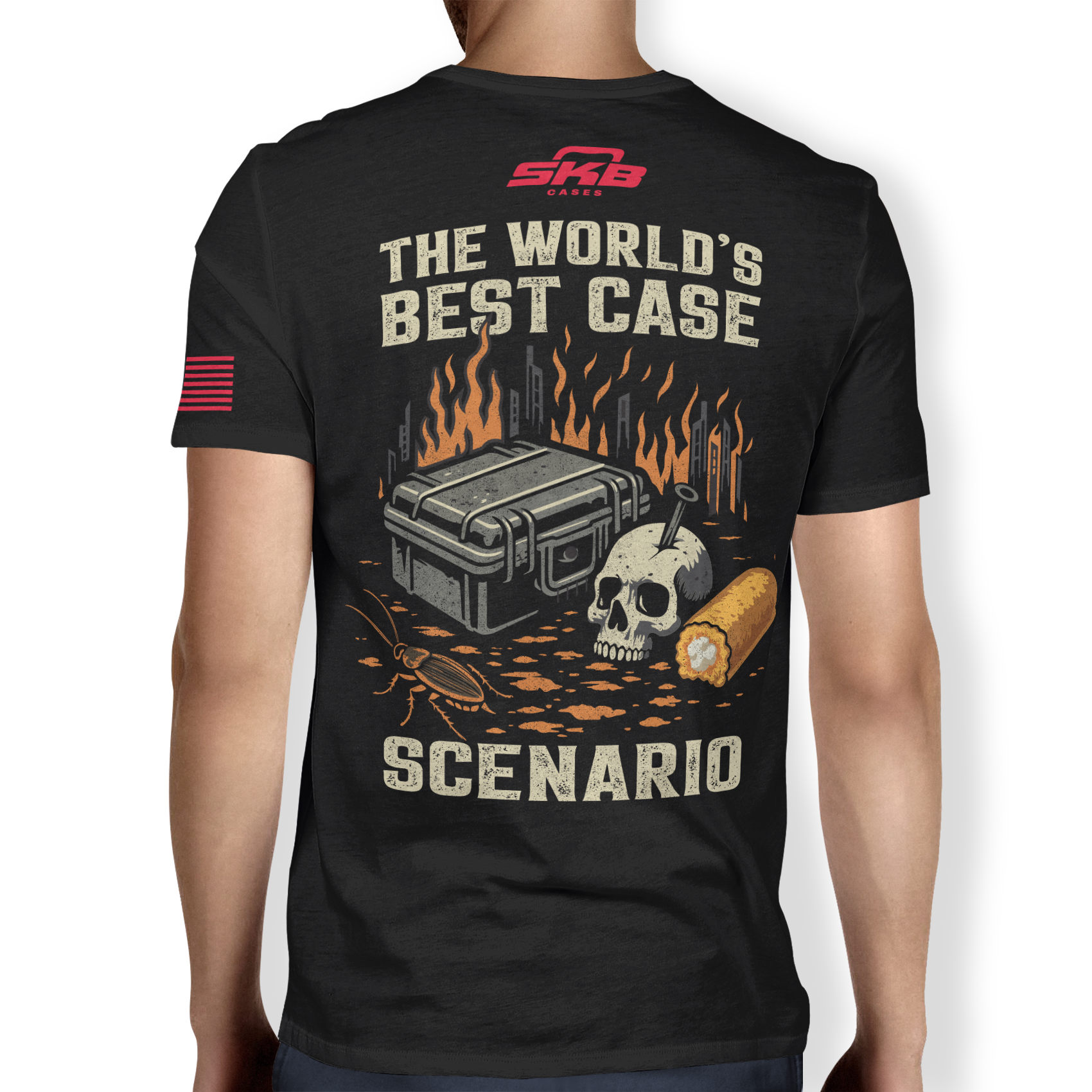 Back view of SKB resilience t-shirt featuring bold graphic with case, skull, and text 'The World's Best Case Scenario' on durable cotton polyester fabric.
