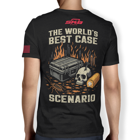 Back view of SKB resilience t-shirt featuring bold graphic with case, skull, and text 'The World's Best Case Scenario' on durable cotton polyester fabric.