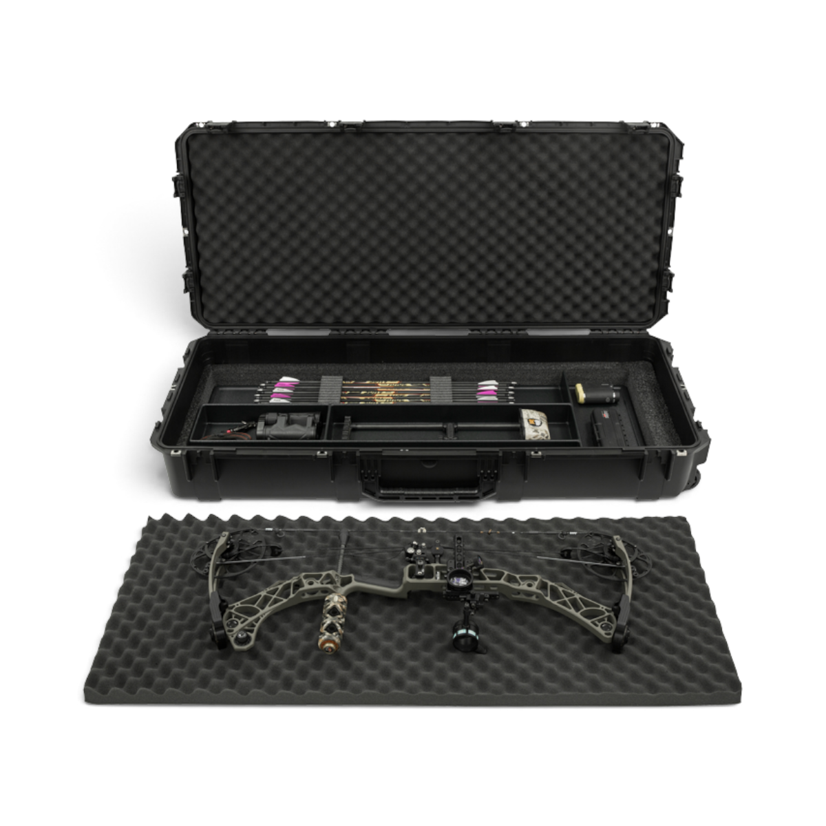 SKB Cases iSeries 4719-8 waterproof bow case with removable accessory tray and compound bow on foam padding