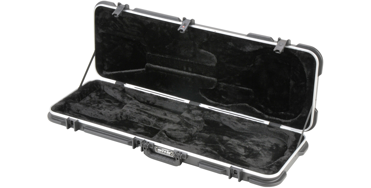 Electric guitar case for Strat and Tele models, featuring a contoured black velvet interior and durable locking latches for secure travel.