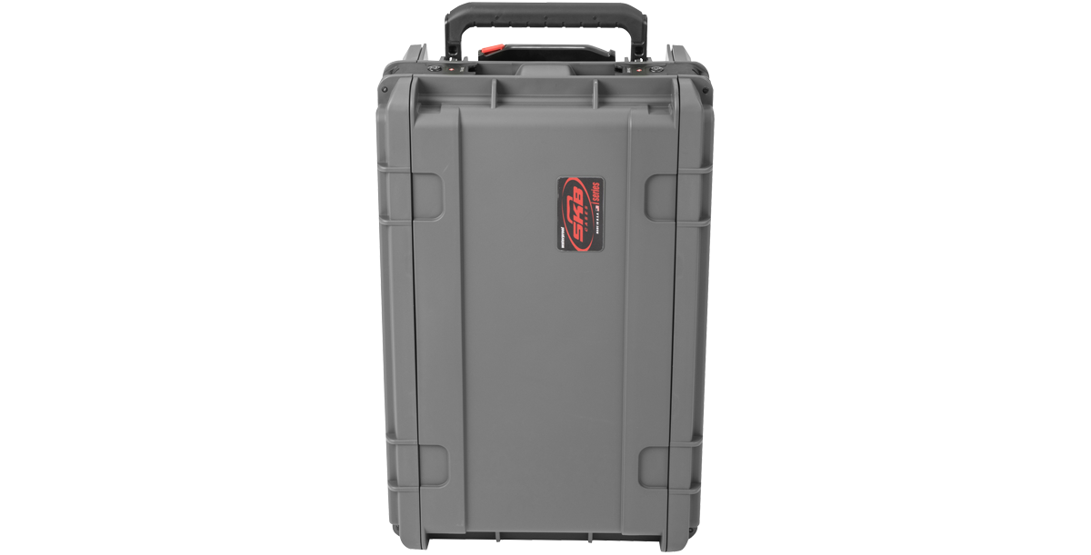 Side view of compact injection molded rack with carry handle and wheels, designed for convenient transport of vacuum or pro-audio accessories.
