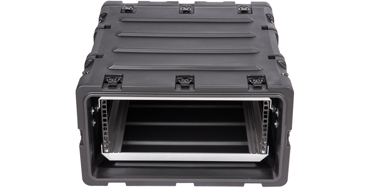 Straight-on front view of 4U RS Series Shock Rack - 20 Inch Deep, highlighting steel rack rails and protective shock-absorbing design.