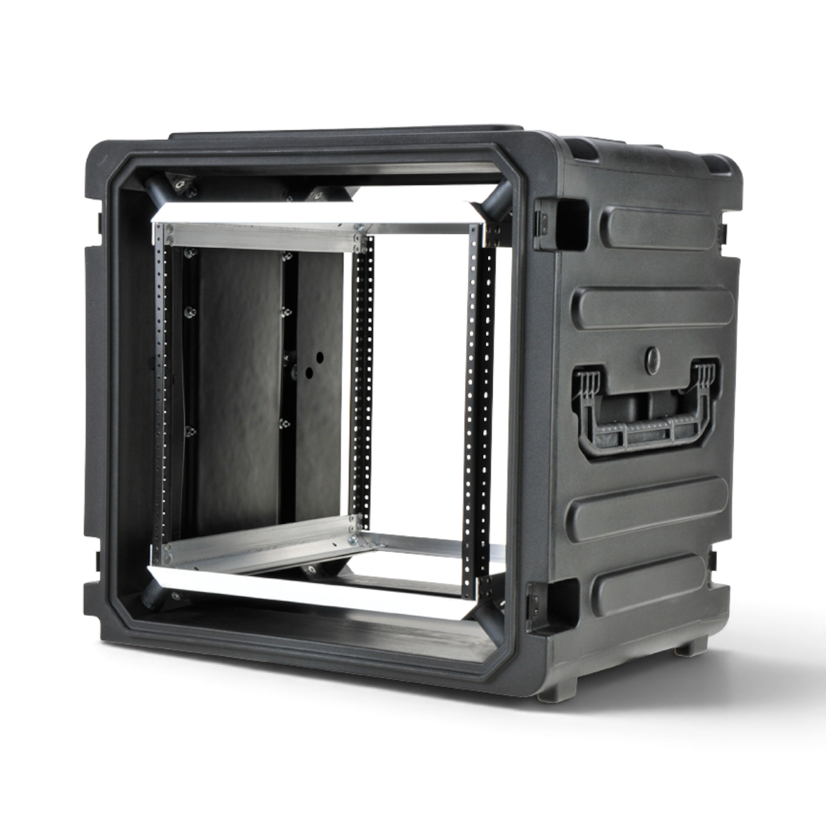 Angled view of 20-Inch Rolling Shock Rack Case displaying open front, internal rack rails, and durable molded shell for pro-audio equipment.