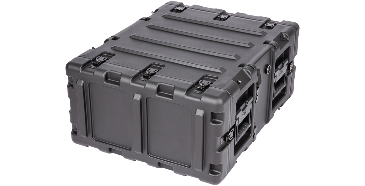Angled rear view of 4U RS Series Shock Rack - 20 Inch Deep, showcasing dual side handles and reinforced case structure.