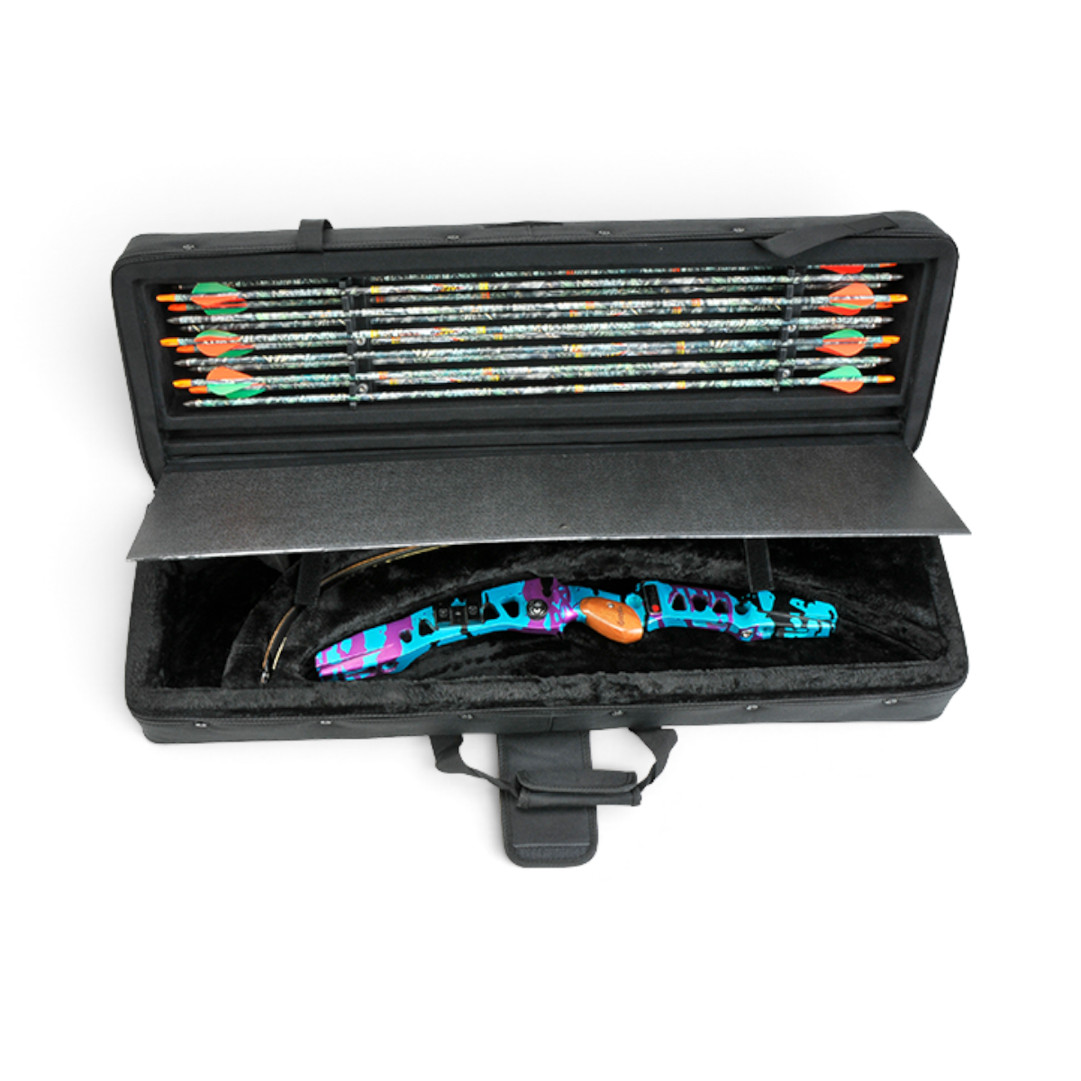 SKB Cases Hybrid 3410 recurve bow case with black ballistic nylon exterior, foam insert, and arrow storage compartment.