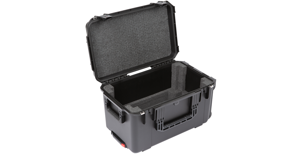 Side view of open 4U iSeries Fly Rack case without rack unit, showcasing foam interior for shock-resistant equipment storage.